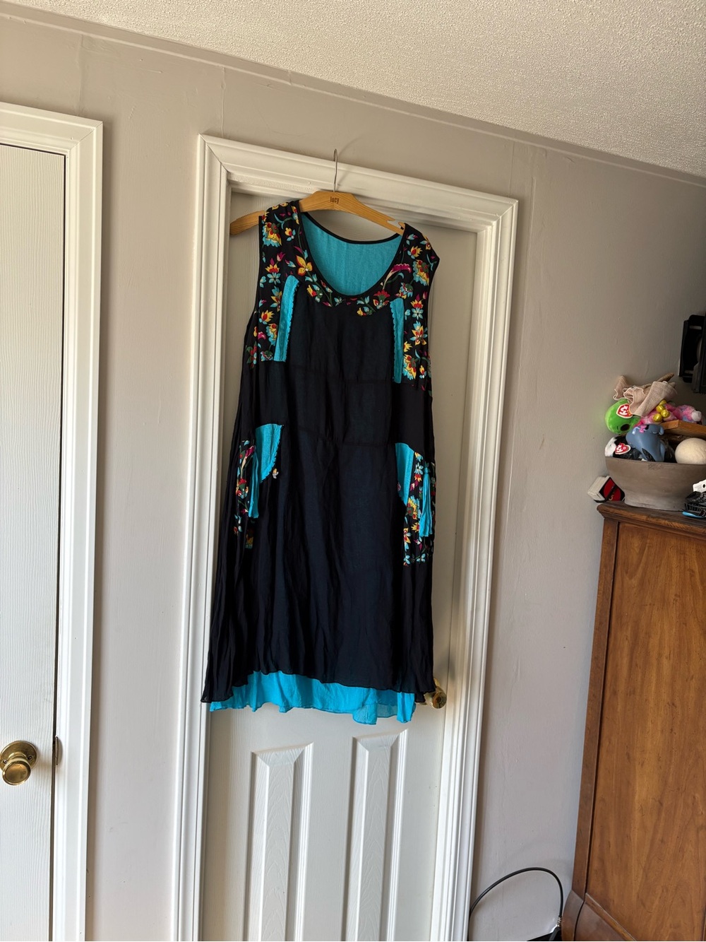 Embroidered Black & Teal Sleeveless Dress